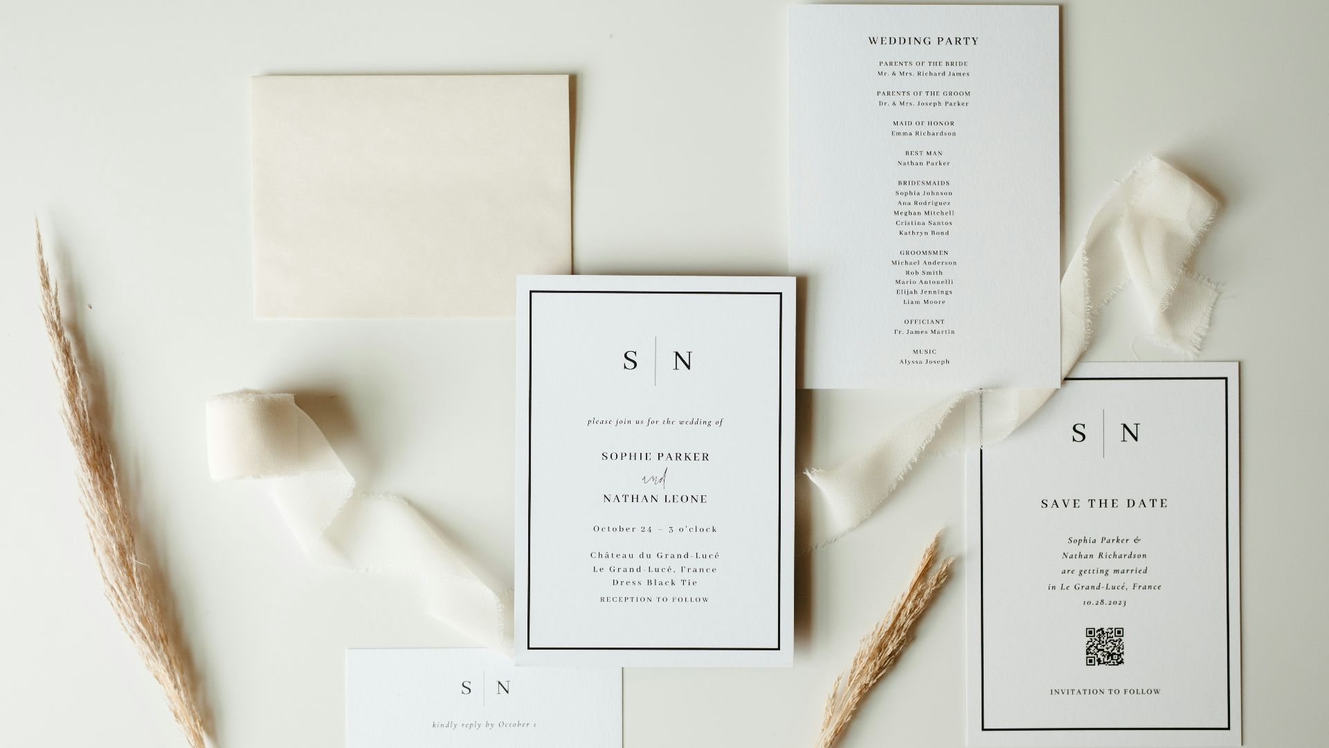 Wedding stationery suite with neutral ribbon and dried flowers.