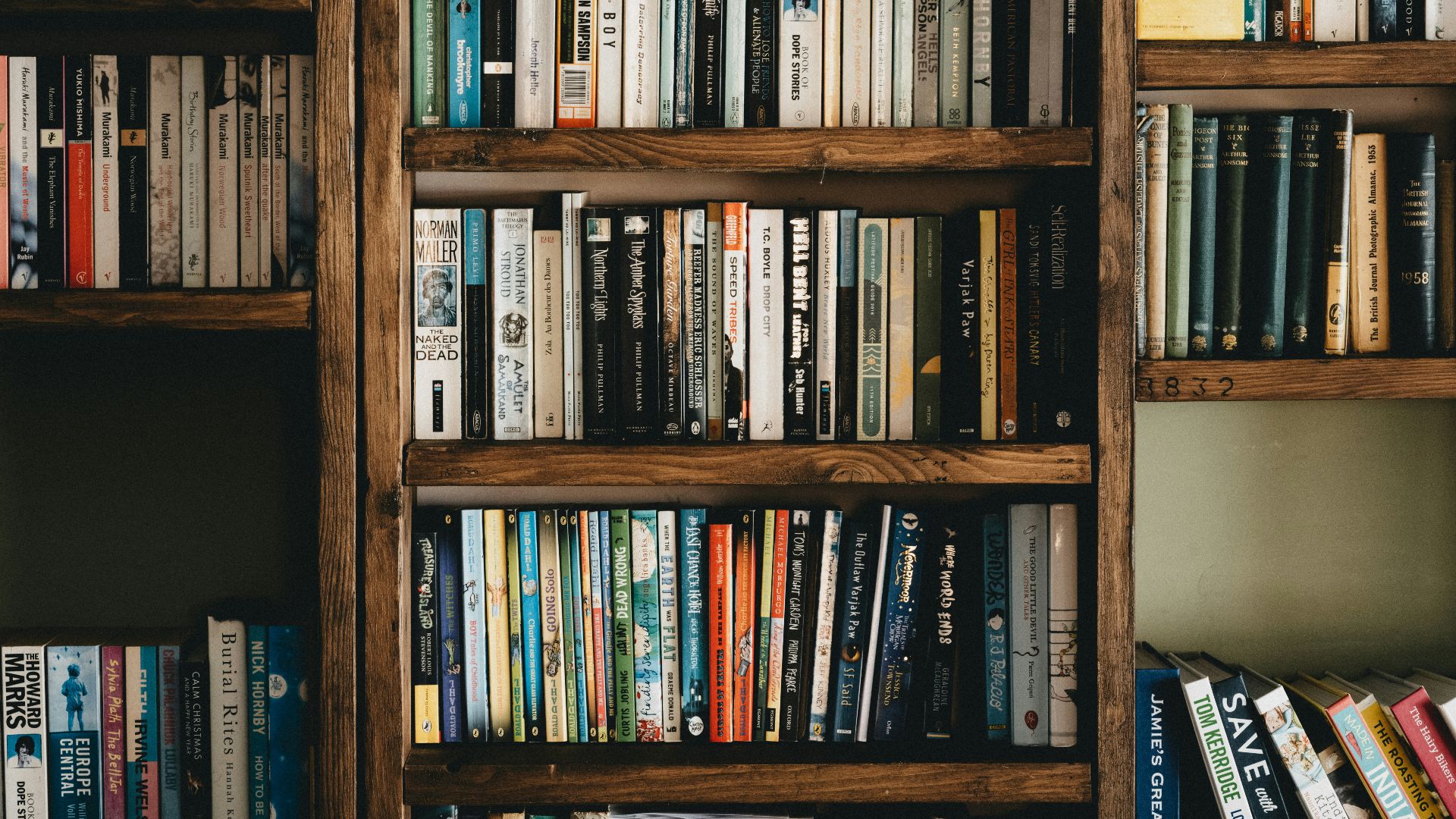 books on brown wooden shelf
