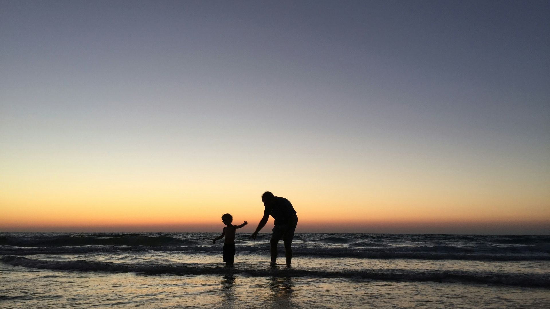 silhouette of man and kid on seashore