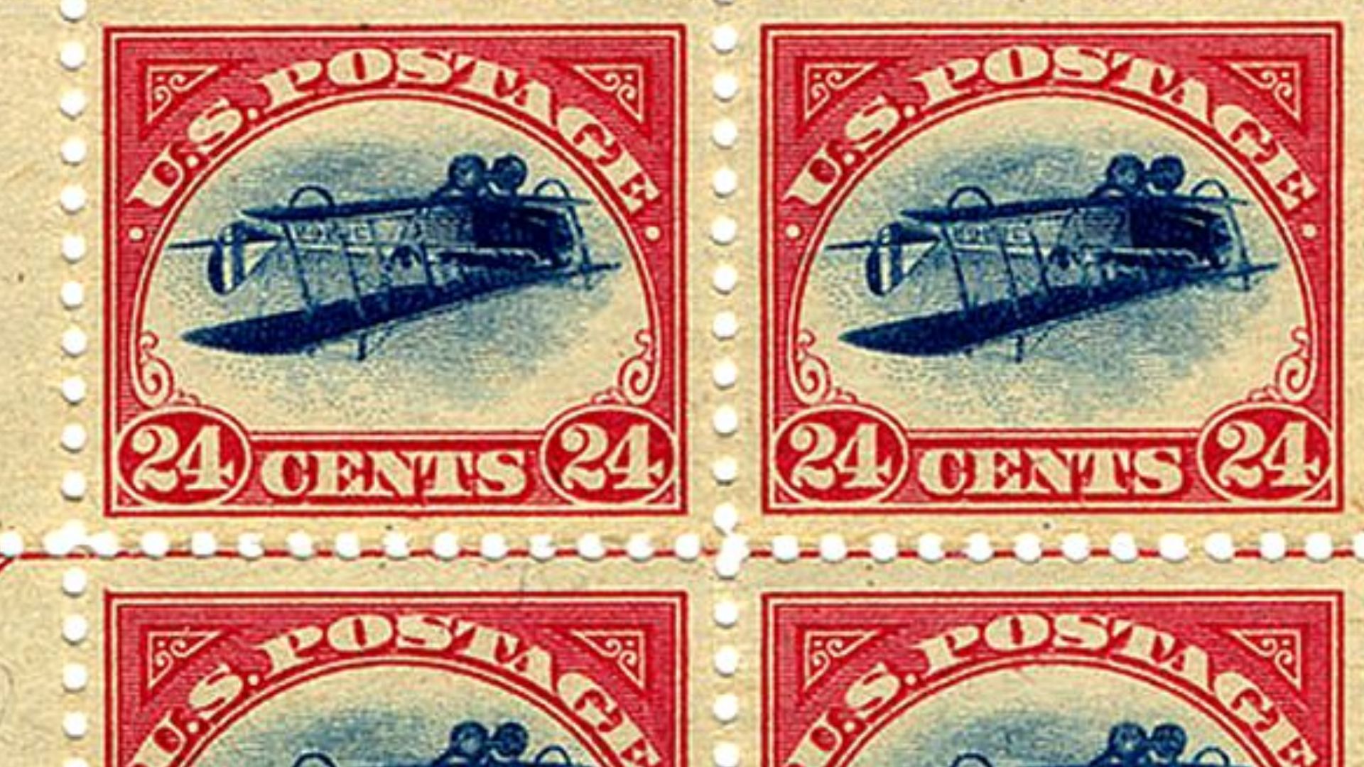 File:Inverted Jenny 24c airmail issue of 1918, center-line block.jpg