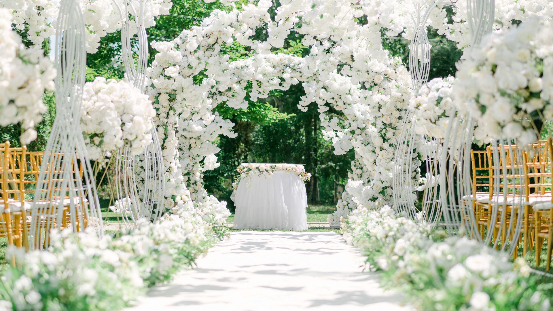a courtyard with white flowers