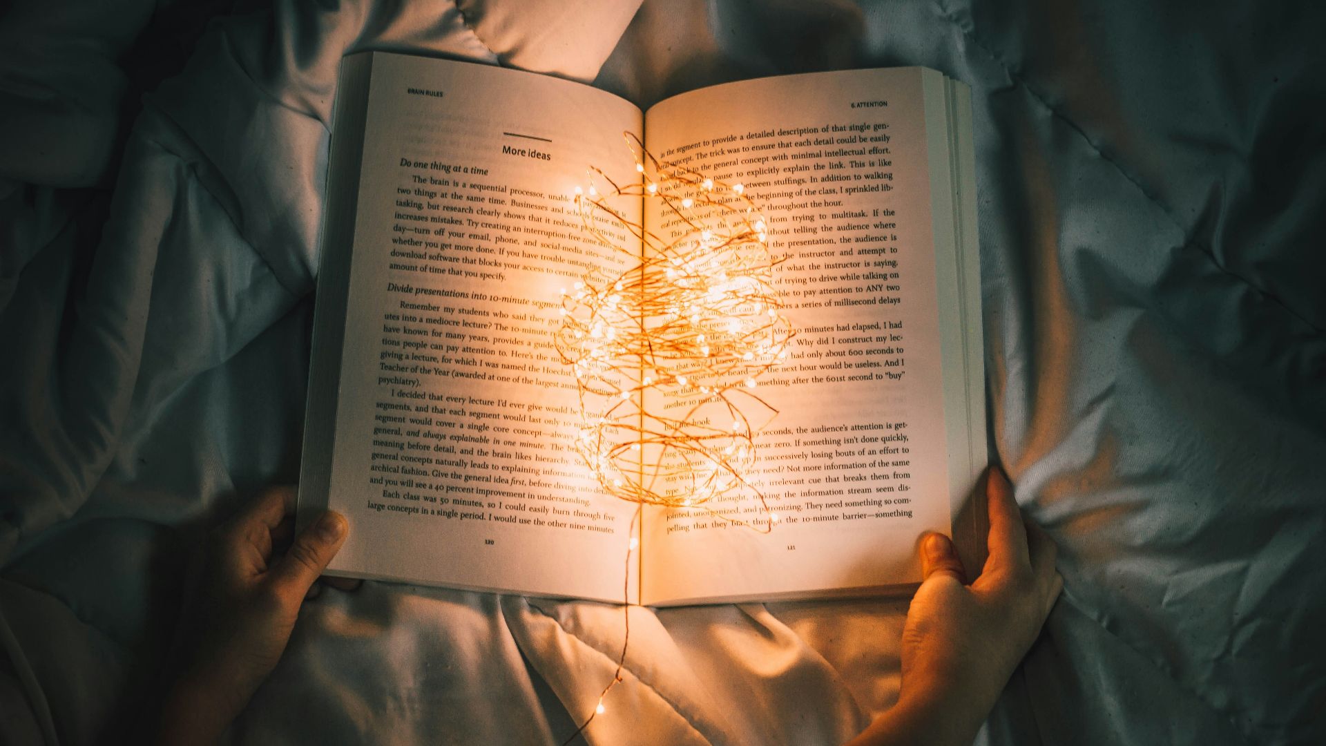 person holding string lights on opened book