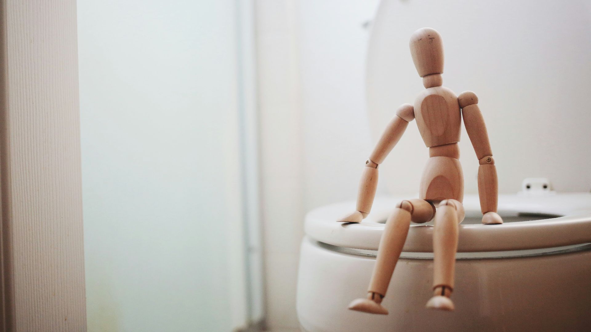 brown wooden doll on white ceramic toilet bowl