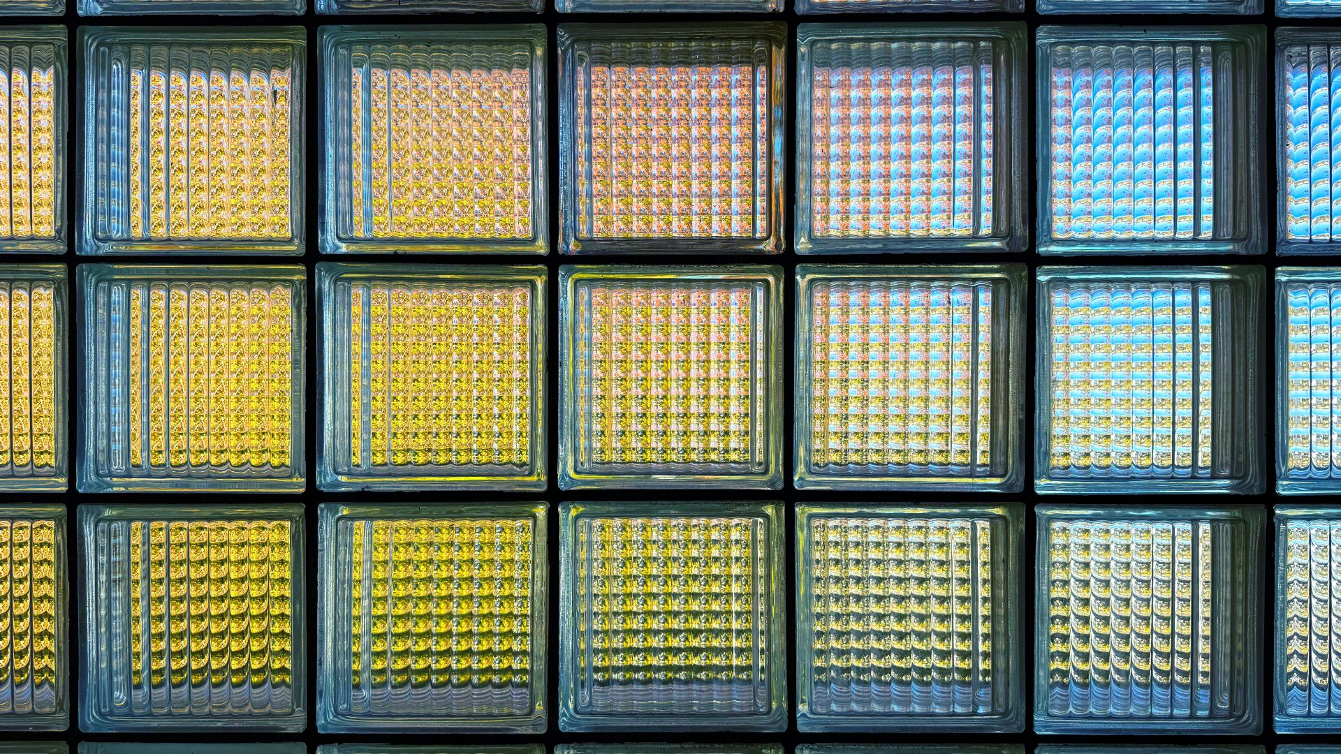Wall of textured glass blocks with colored light
