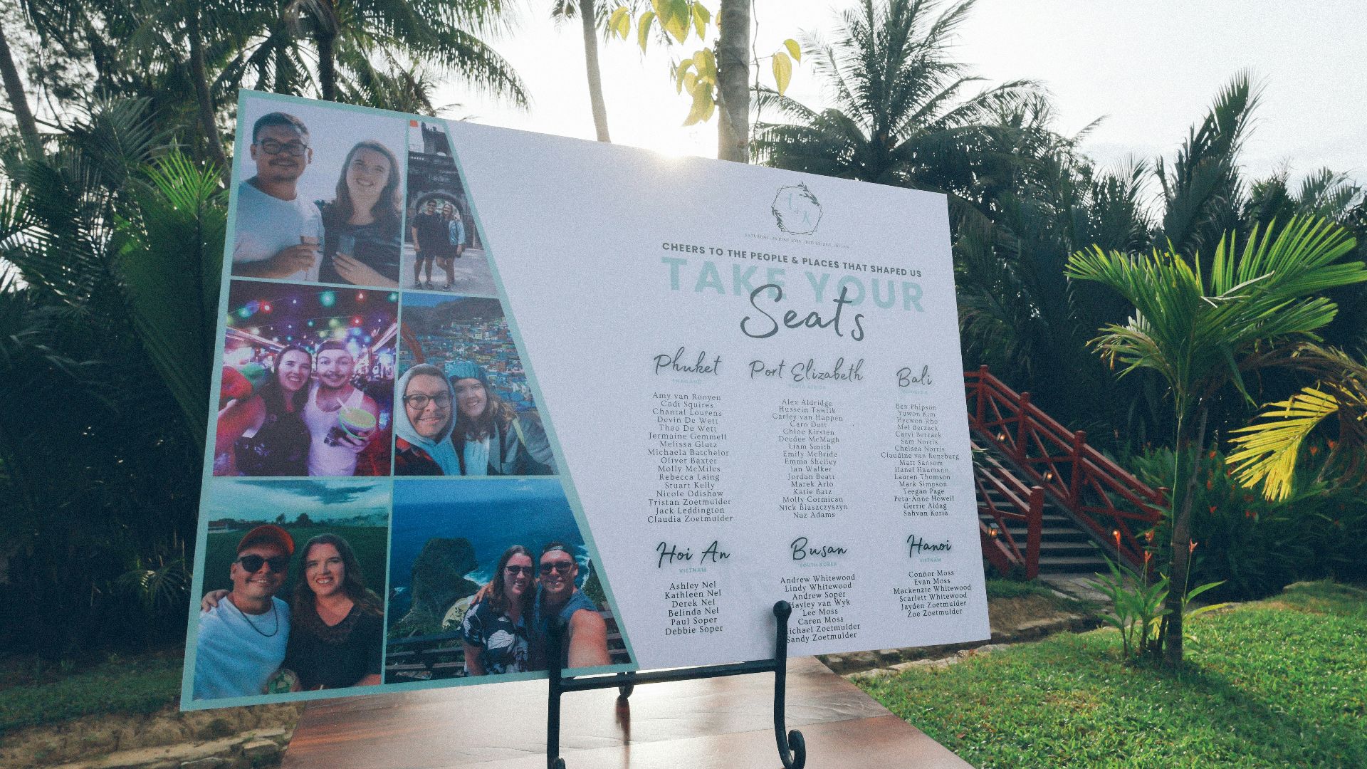 Wedding seating chart displayed outdoors with tropical plants