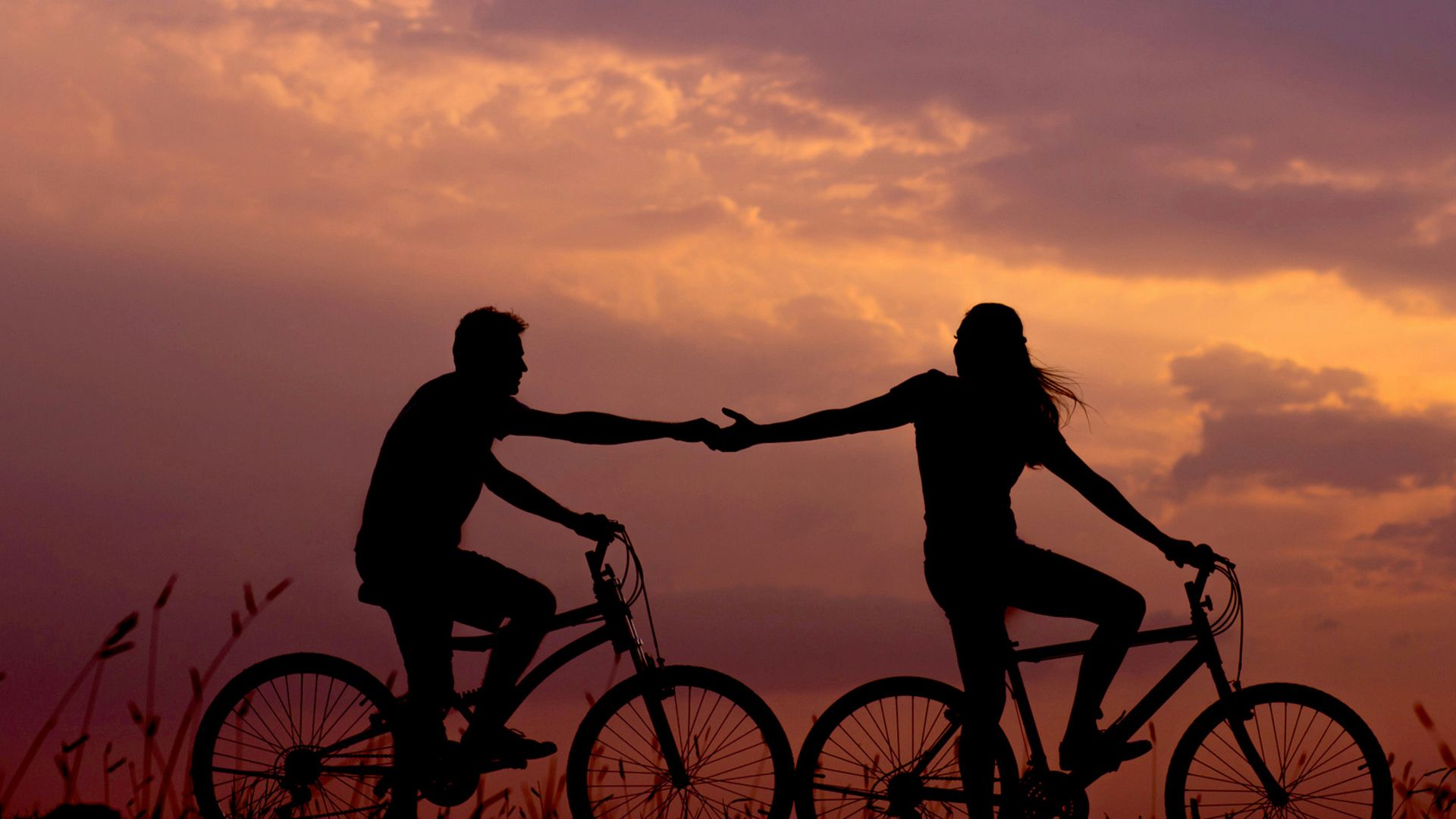 woman on bike reaching for man's hand behind her also on bike