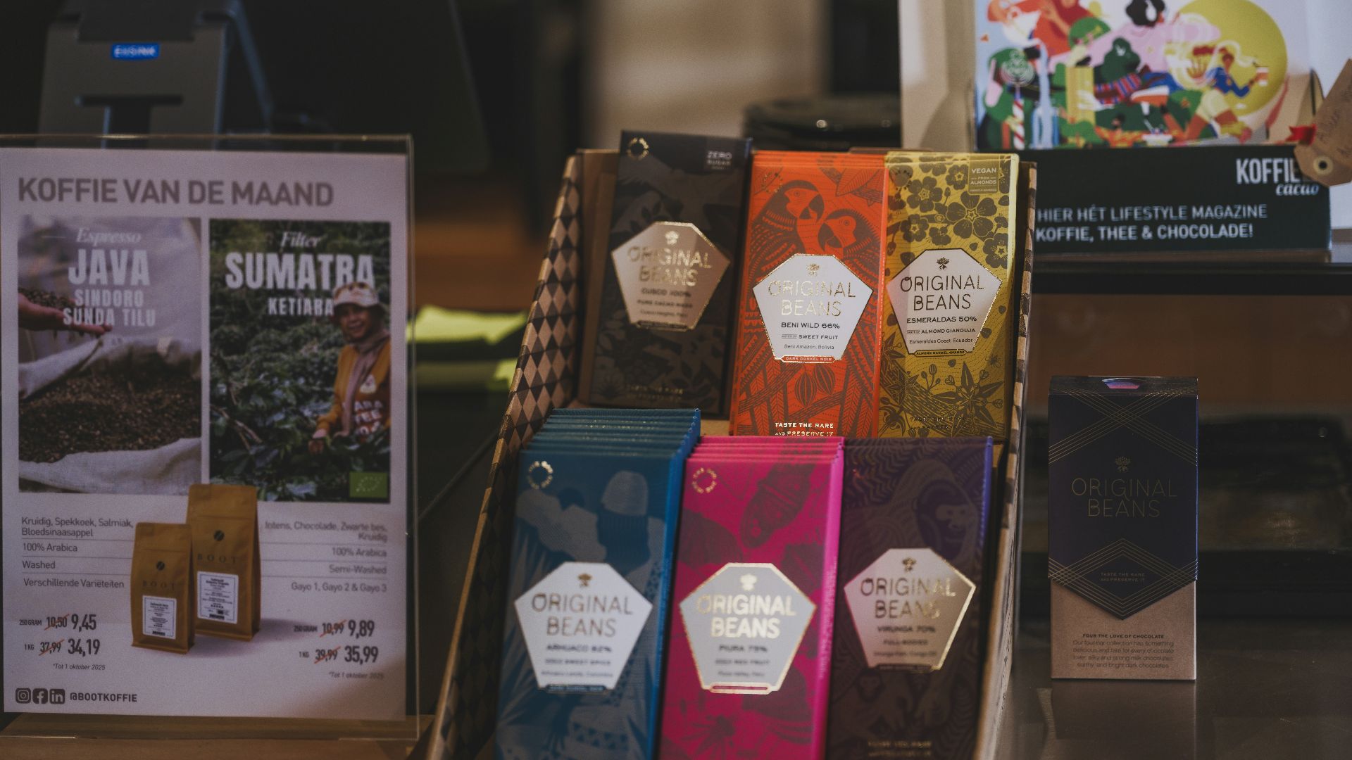 Display of colorful chocolate bars and coffee bags