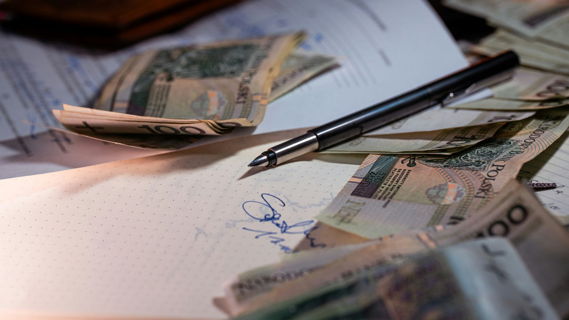 Pen and money scattered on documents