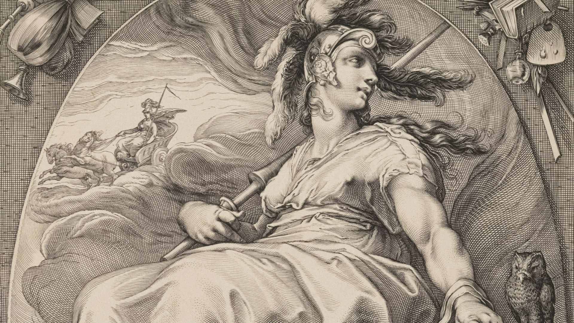 Allegorical figure with shield and owl