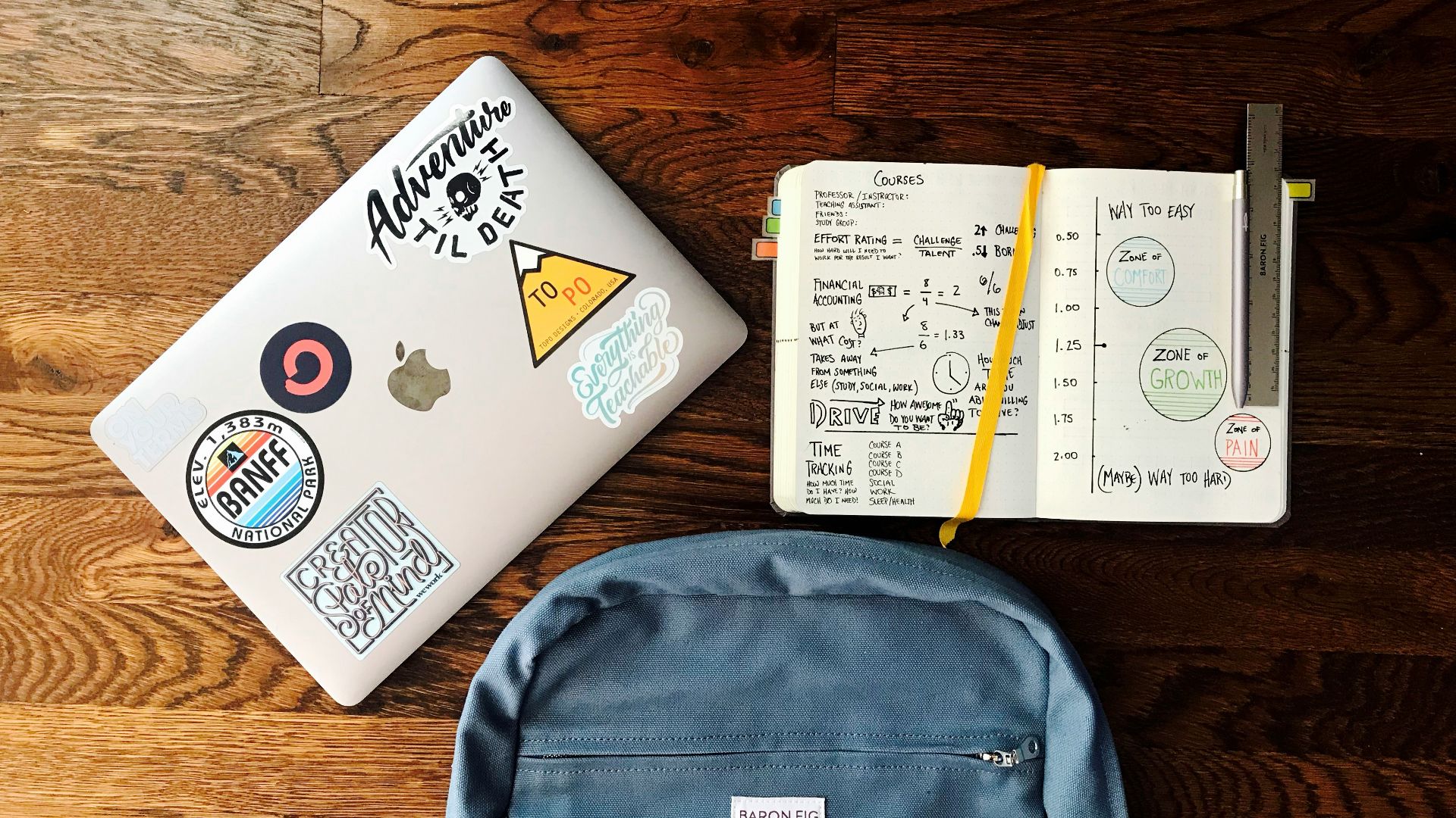 flat lay photography of blue backpack beside book and silver MacBook
