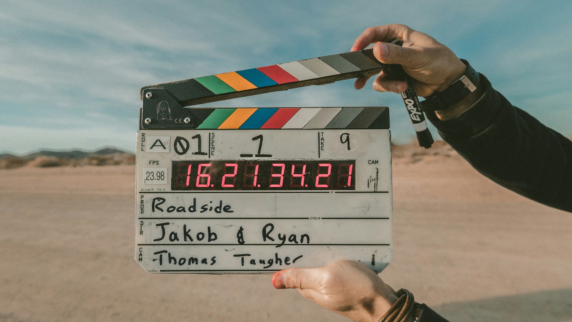 clap board roadside Jakob and Ryan