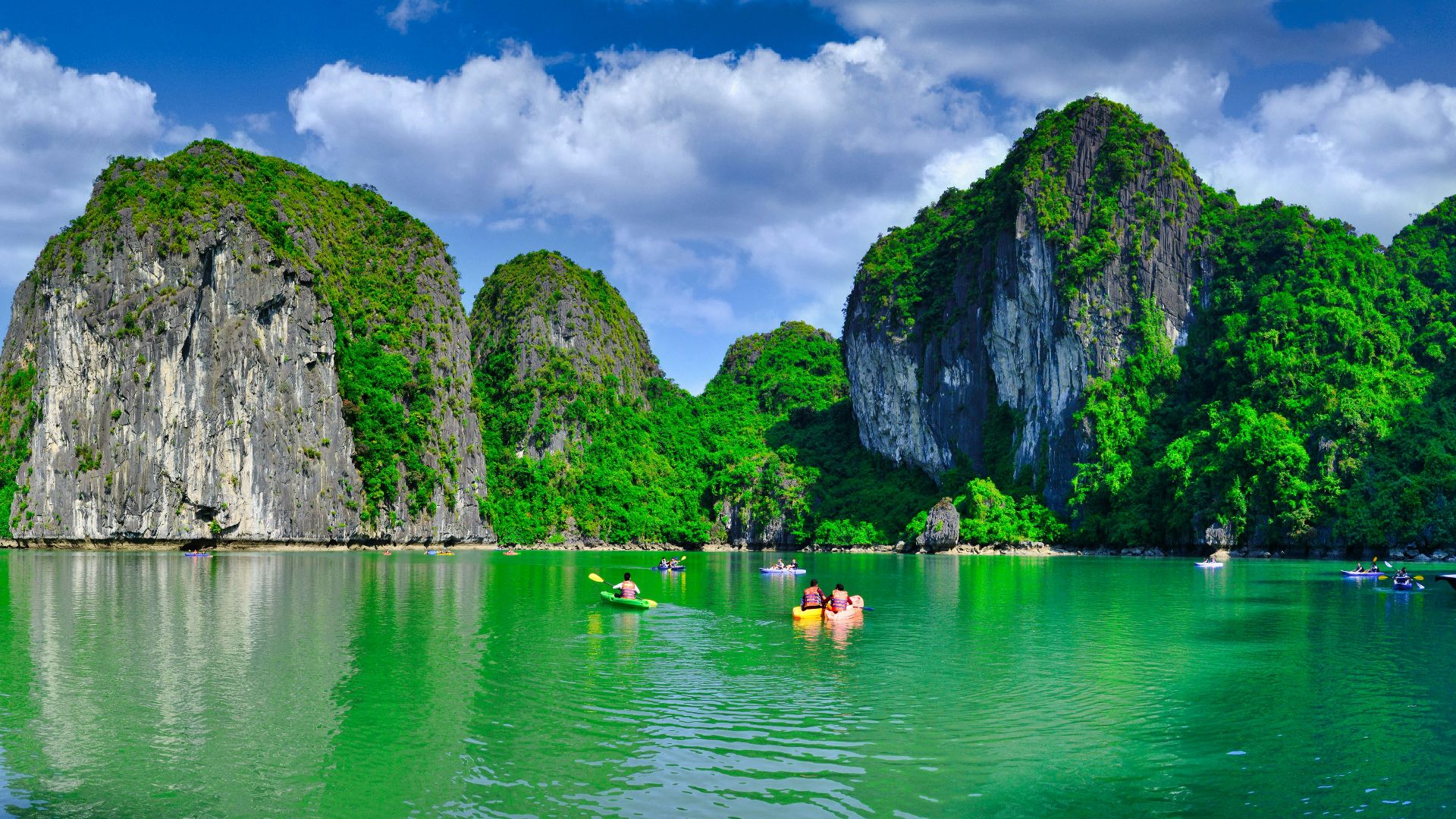 a body of water with trees and rocks in it with Ha Long Bay in the background