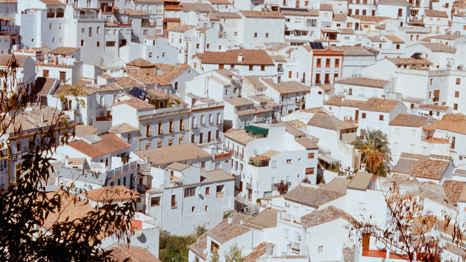 a view of a city with white buildings