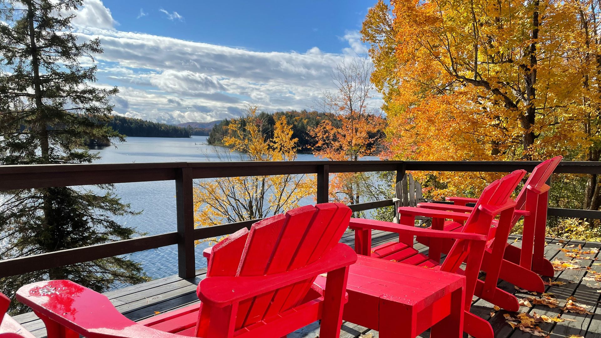 red chairs on a deck