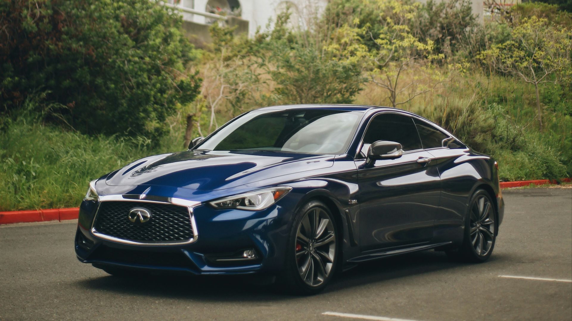 blue and red car parked near green trees during daytime
