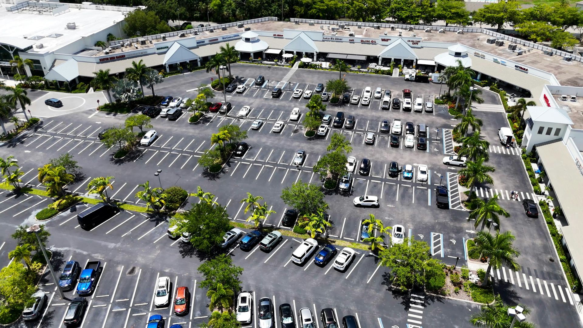 An aerial view of an airport parking lot