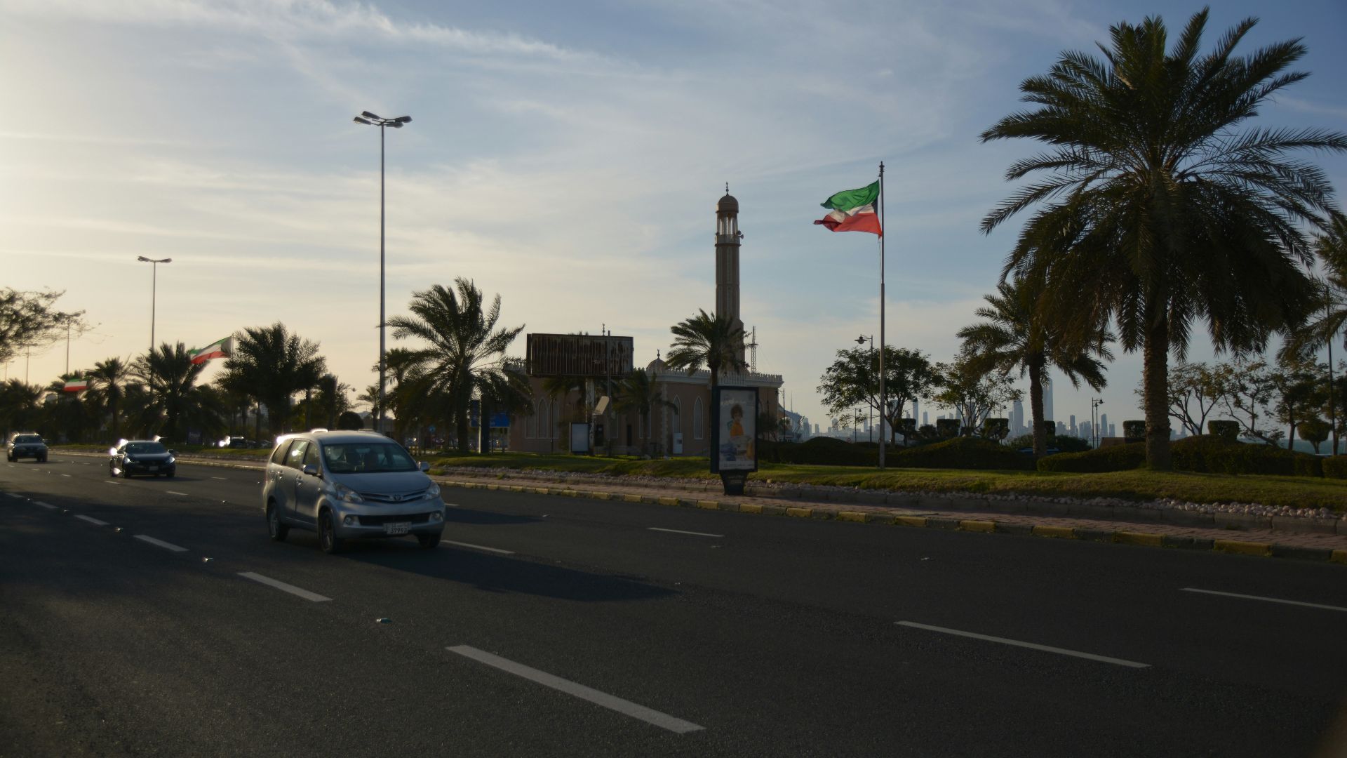 A car driving down a street next to palm trees