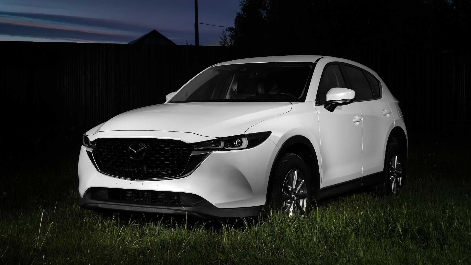 a white car parked in the grass at night