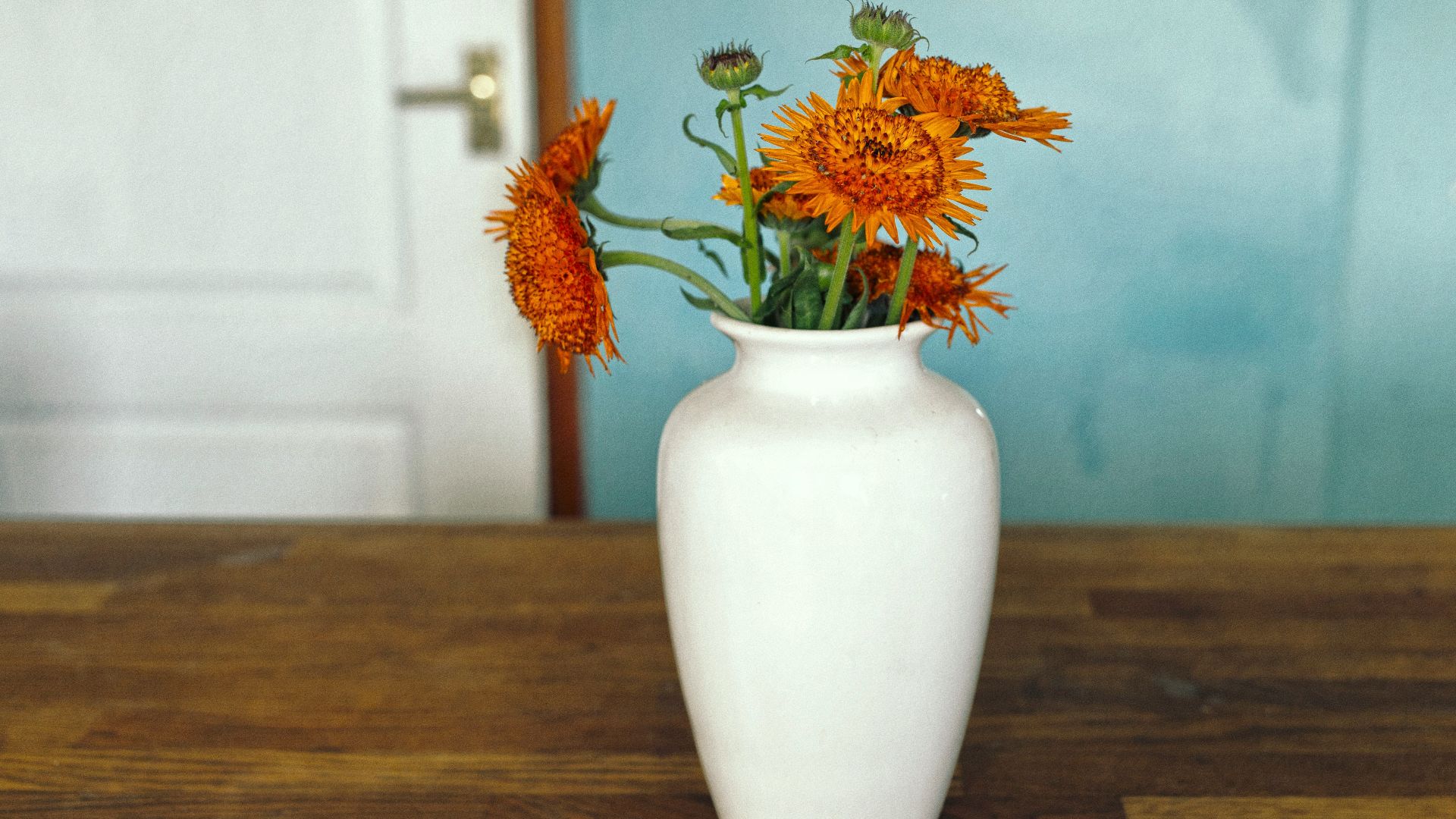 orange and yellow flowers in white ceramic vase