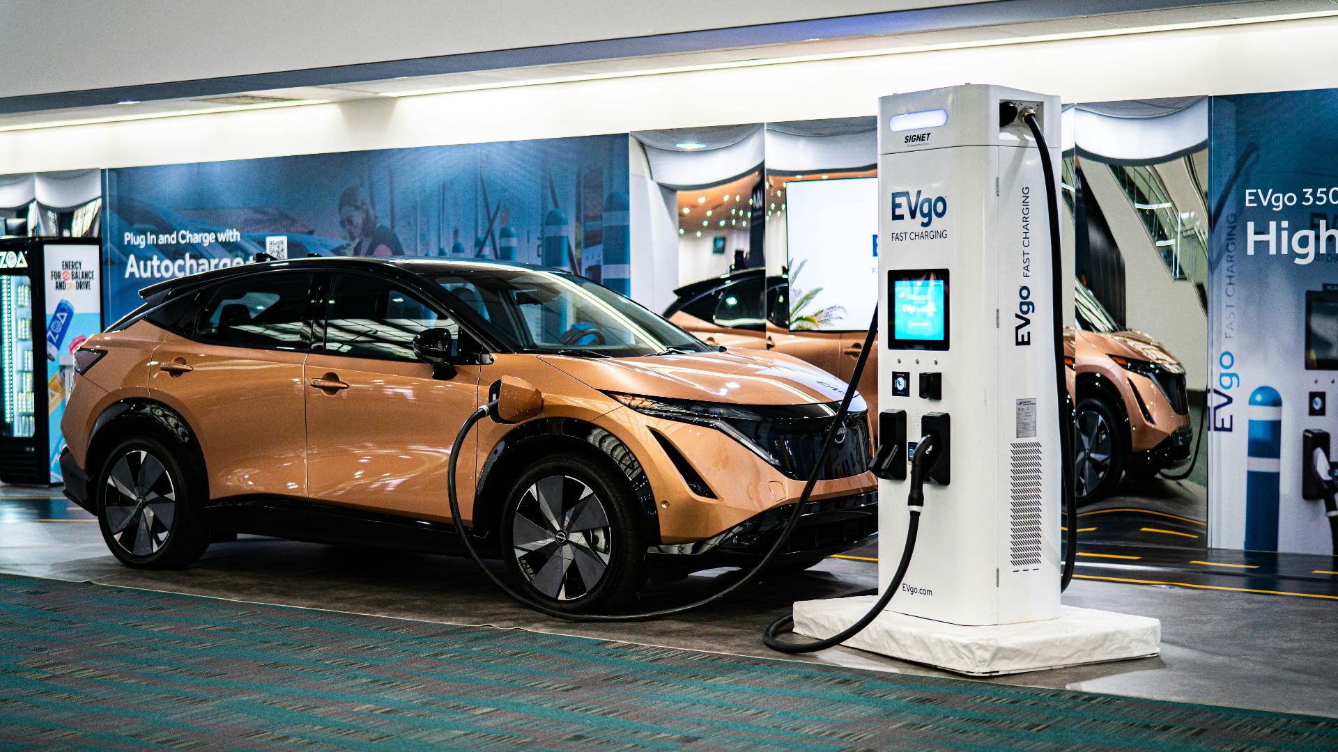 an electric car plugged into a charging station