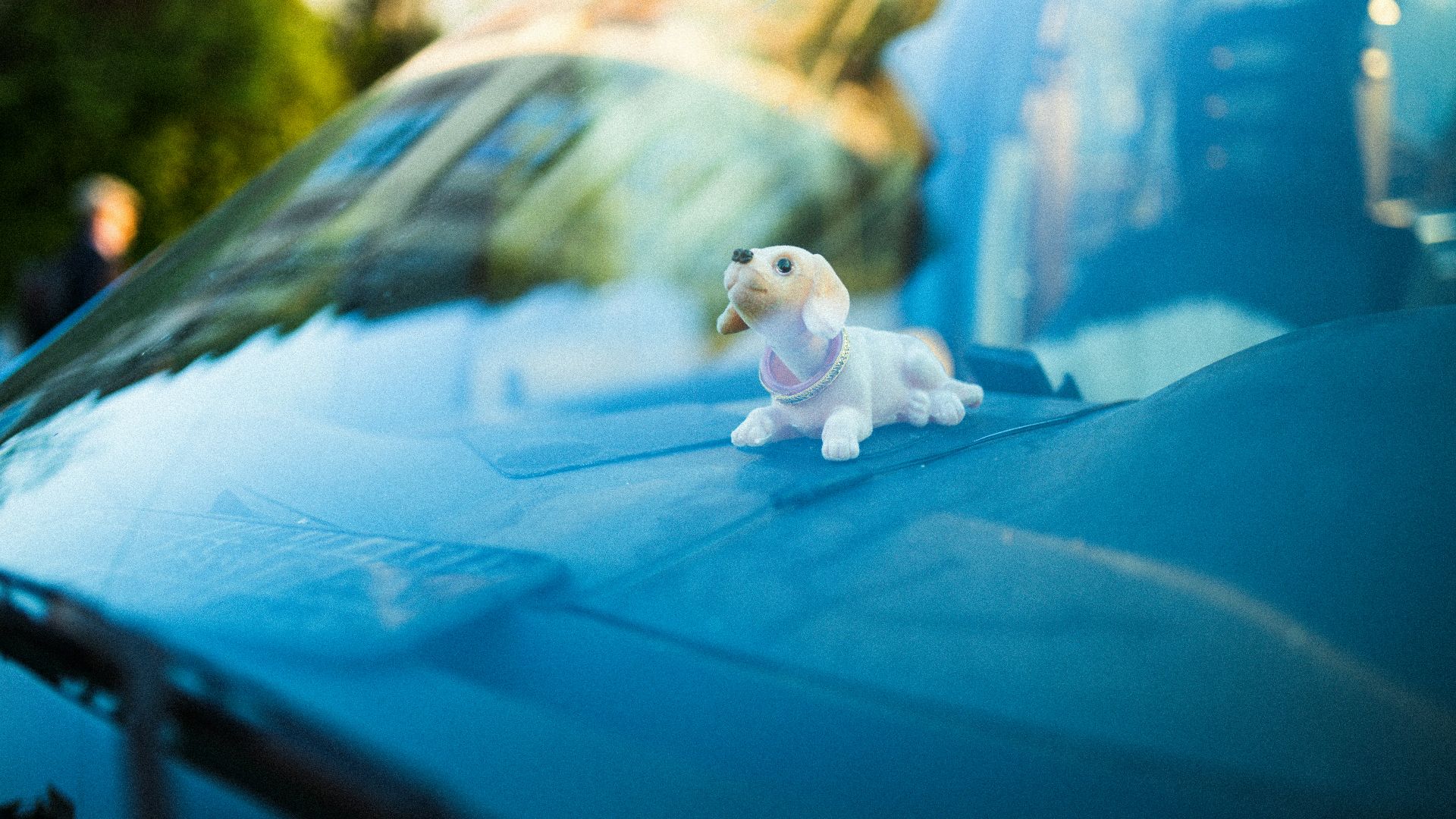 white and brown dog figurine on blue textile