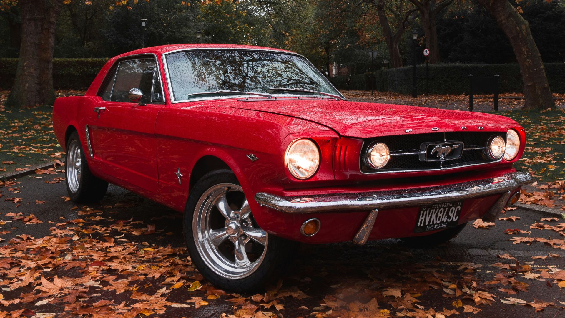 selective focus photography of parked red Ford Mustang coupe