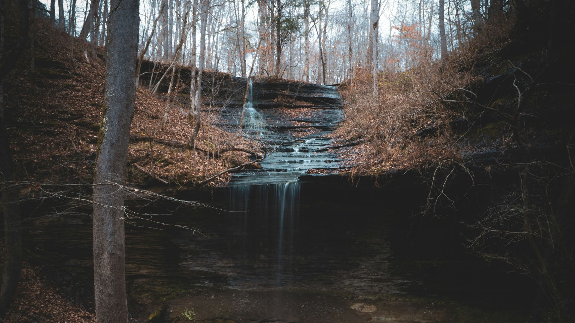 a small waterfall in the middle of a forest