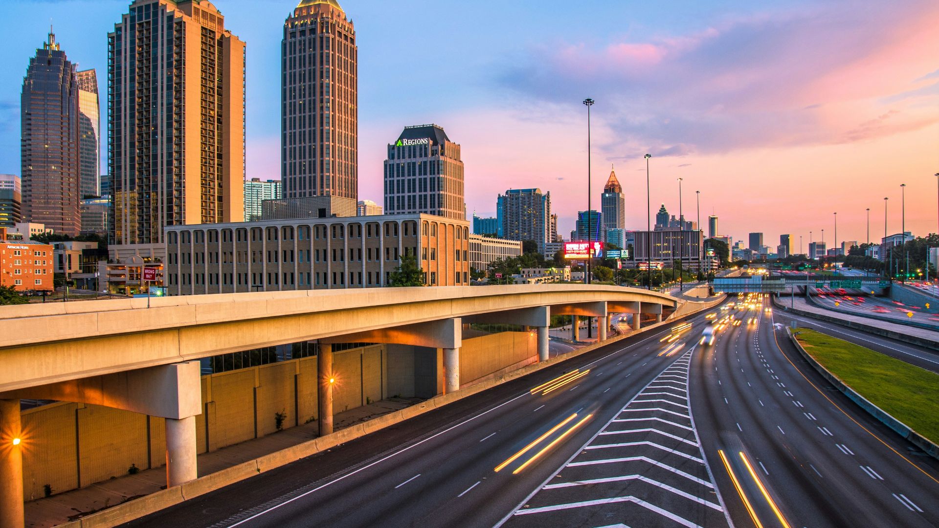a city skyline at sunset