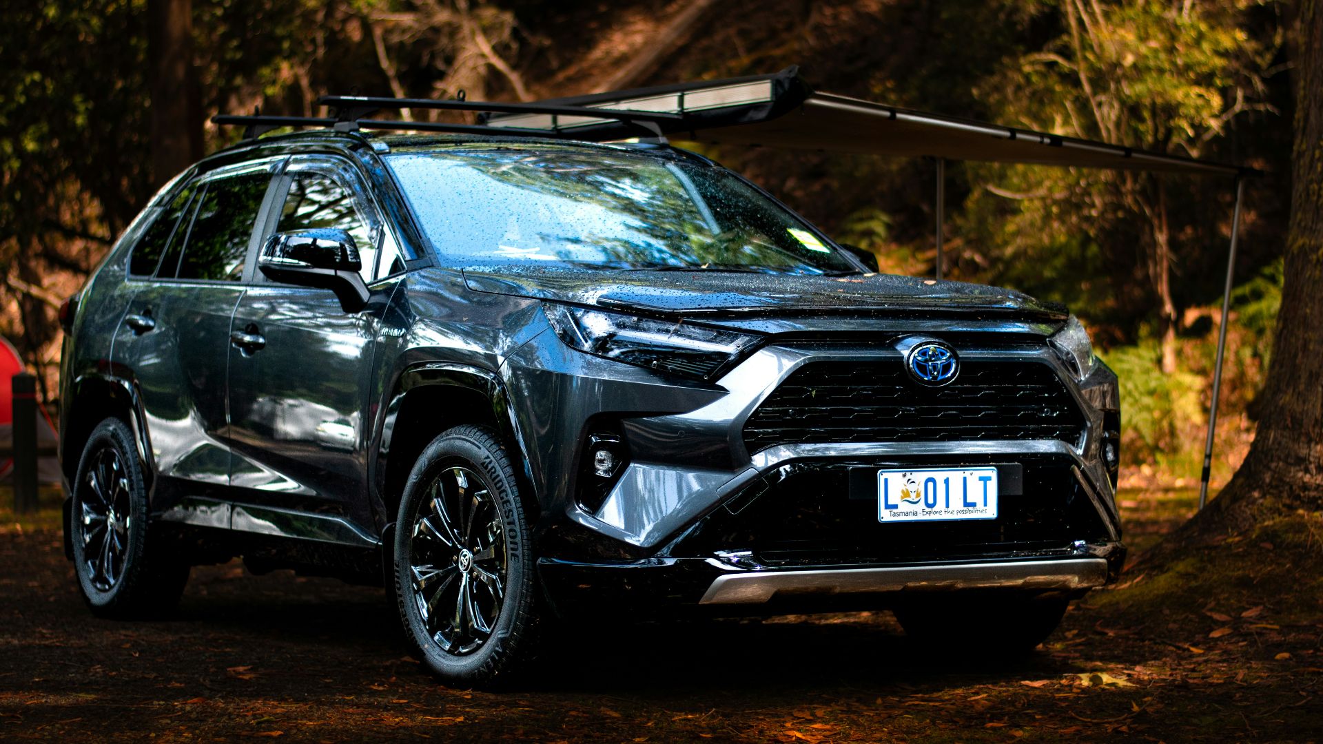 a black toyota rav parked in the woods