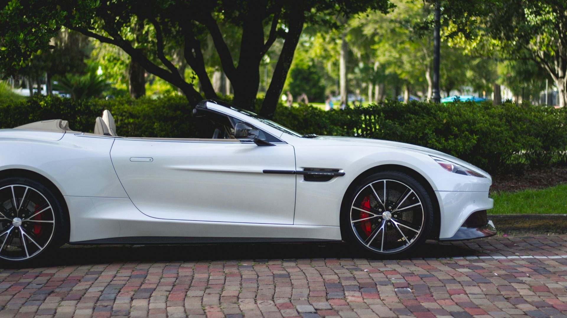 white Aston Martin convertible parked near trees