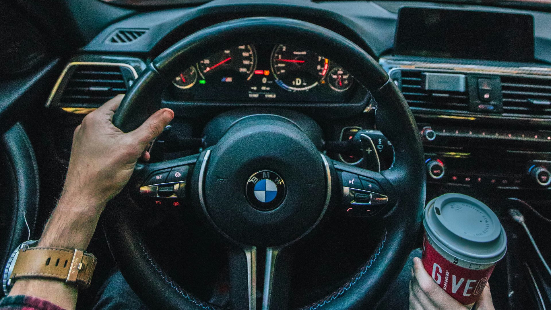 black BMW steering wheel