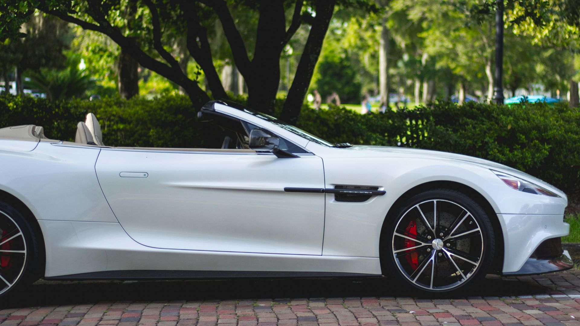 white Aston Martin convertible parked near trees