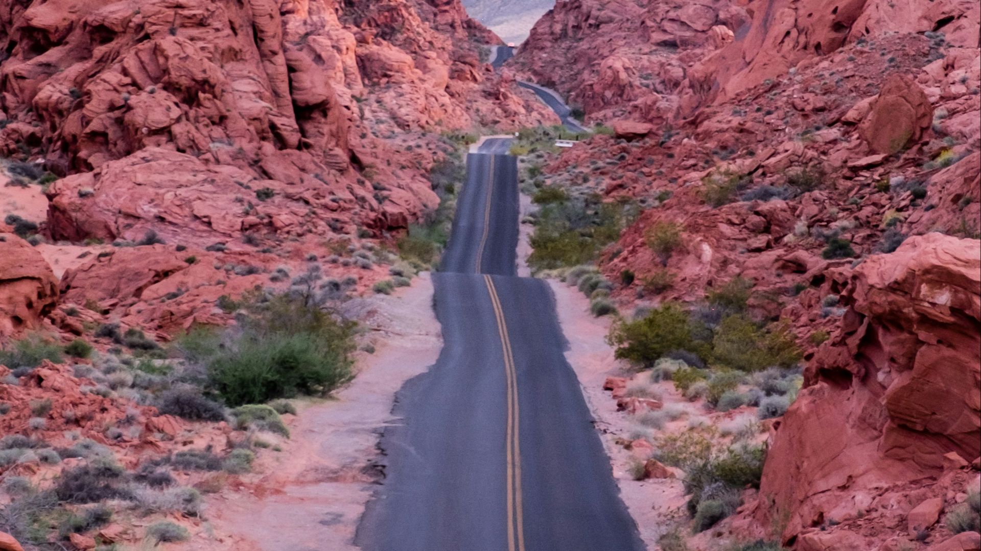 photo of empty road between rock formations