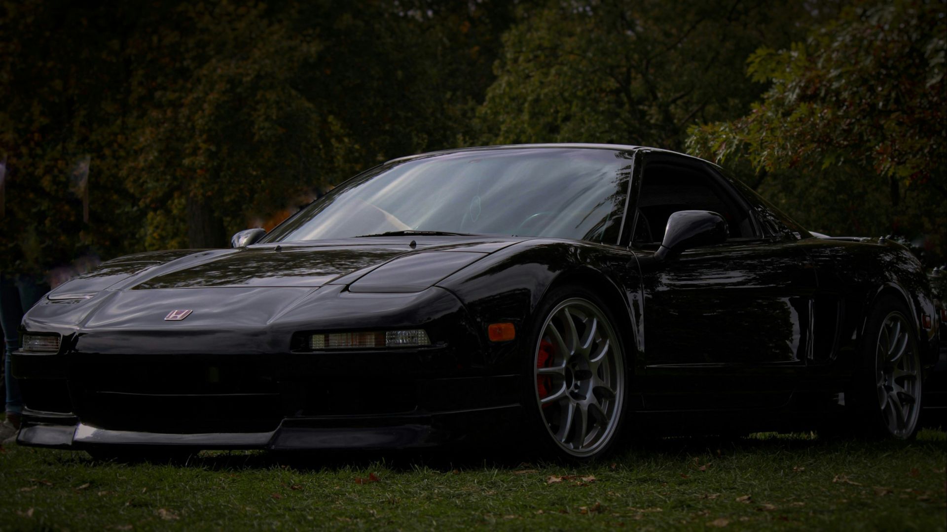 a black sports car parked in the grass