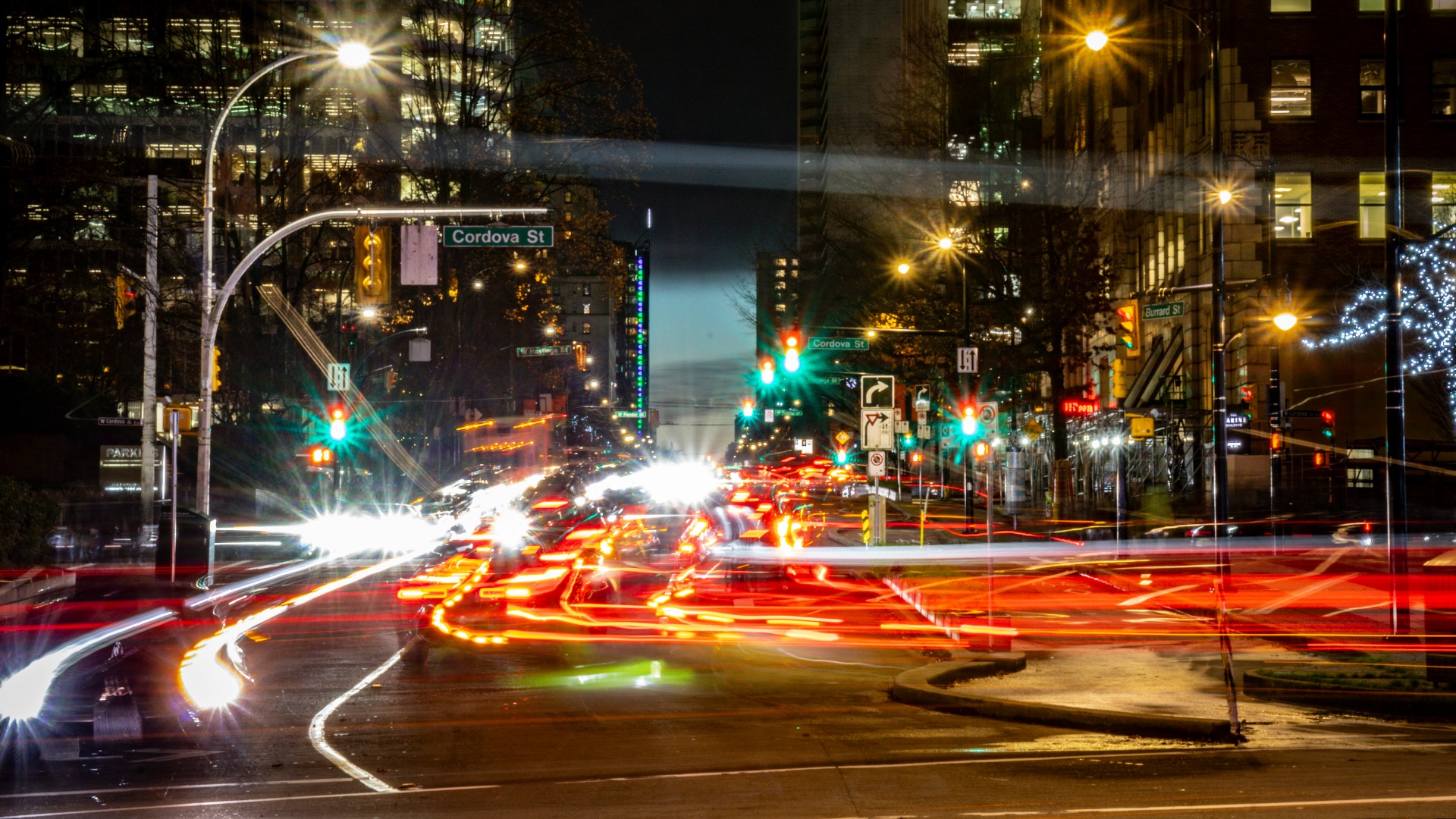 City street at night with light trails
