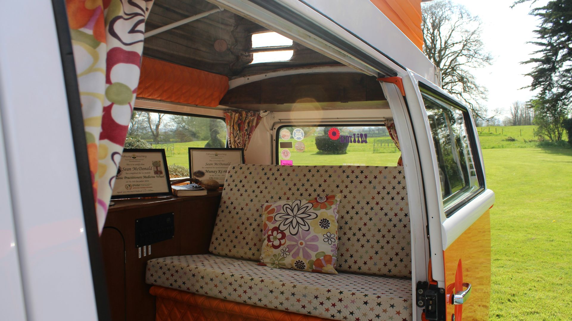 Inside view of a stylish, retro camper van.